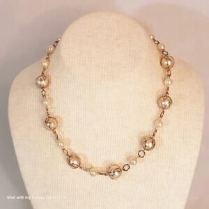 Station Choker Necklace Gold Tone Caged Pearly Beads